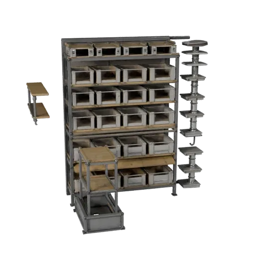 Maker Parts Rack Stylized 3D model, stylized isometric render, showing steel frames, stable fixtures.