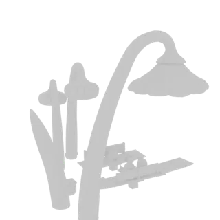 3D-Rendering einer Märchengartenszene mit einer großen Pilzlampe, einem kleinen Tisch und zwei Bänken, alles aus hellgrauem M