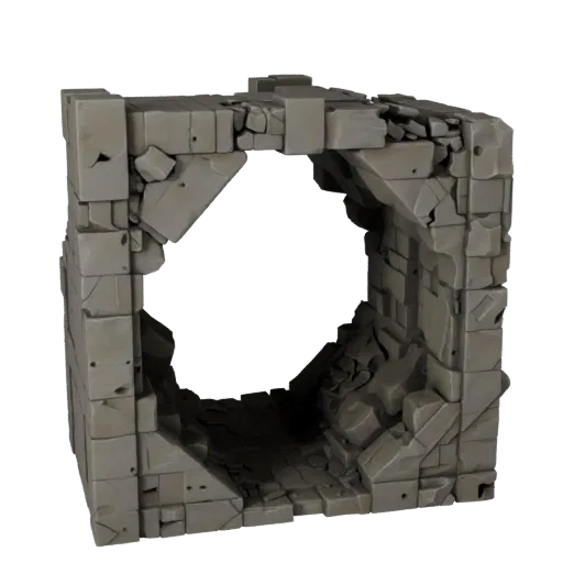 Collapsed Dungeon Corridor Unity 3D model, isometric viewport view, showing aged stone, built remnants.