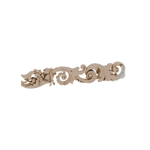 3D model of an ornate, carved wooden floral scrollwork with acanthus leaves and grape clusters.