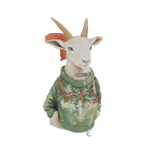 Un rendu 3D d'une chèvre blanche portant un pull de Noël vert avec des flocons de neige et des baies, et un nœud rouge sur la