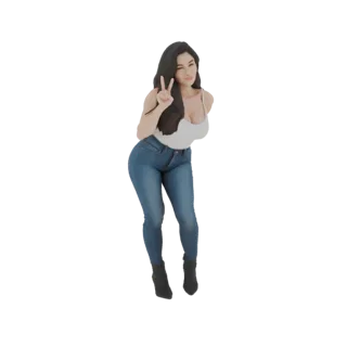 Modello 3D di donna con canotta bianca e jeans blu, che fa l'occhiolino e il segno della pace con le dita.