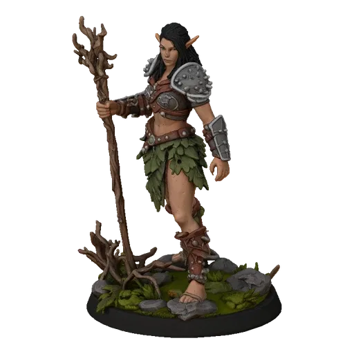 3D model of a female orc druid in leather armor with leaves, holding a root staff, on a moss and stone base.