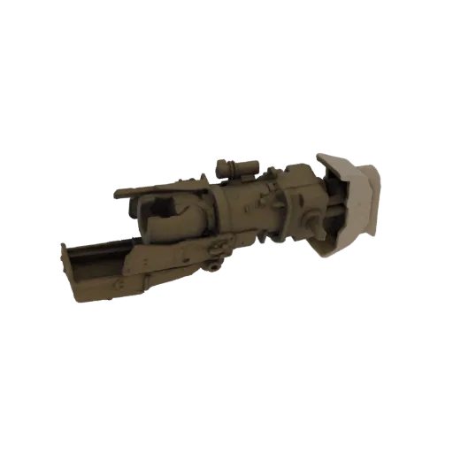 A detailed 3D model of a futuristic sci-fi weapon prop, showcasing intricate mechanical components and a rugged design.