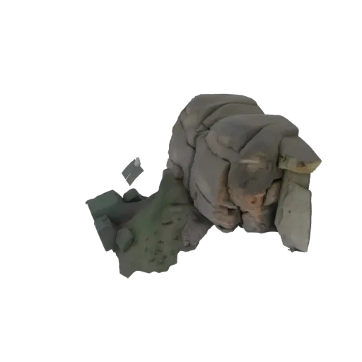 3D model of a textured rocky outcrop with green vegetation, isolated on a white background.