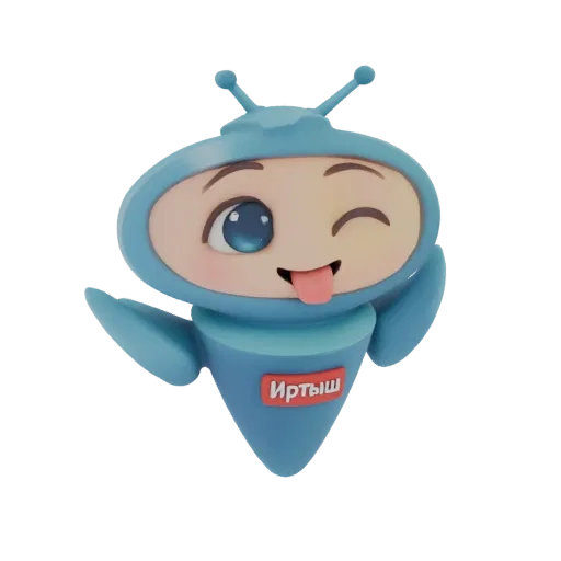 3D model of a cute blue robot mascot winking and sticking its tongue out, with 'Иртыш' text on its chest.