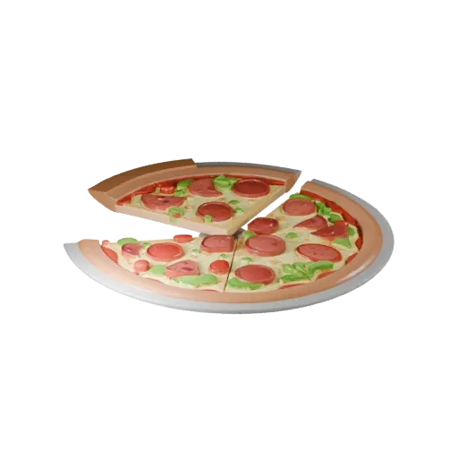 Pizza game ready 3D model, perspective studio render, with calibrated plate silhouette and material reads.