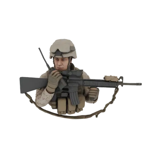 3D model of a US Marine soldier in tactical gear, holding an M4 rifle and a radio, with a focused expression.