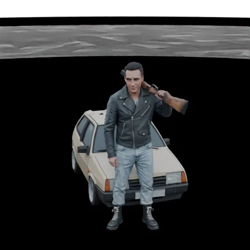 3D model of a man in a leather jacket holding a shotgun, standing next to a car.