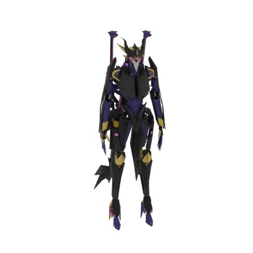3D model of a dark cybernetic warrior with purple, black, and gold accents, standing against a black background.