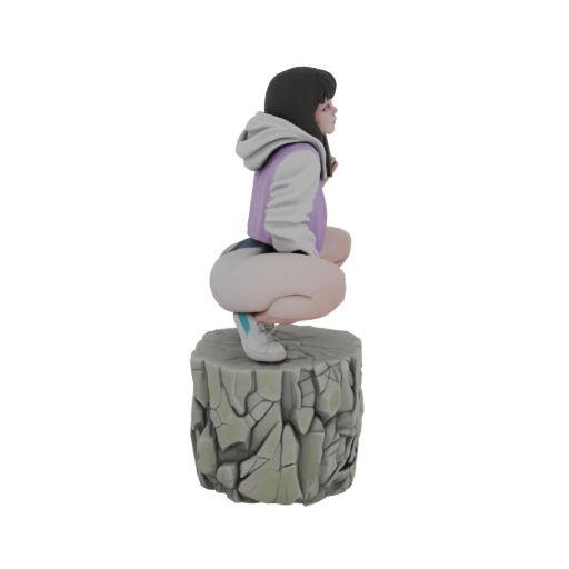 Anime Girl Crouching on Rock Base