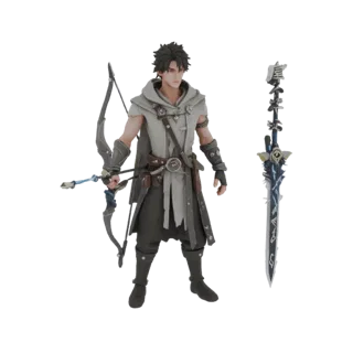 3D model of a stylized dark fantasy male archer holding a bow and standing next to a detailed sword with glowing runes.