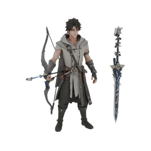3D model of a stylized dark fantasy male archer holding a bow and standing next to a detailed sword with glowing runes.