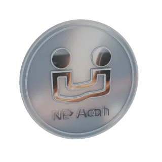 3D render of a metallic NE Acan coin with a smiley face and 'NE Acan' text, isolated on a white background.