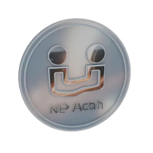 Renderização 3D de uma moeda NE Acan metálica com rosto sorridente e texto 'NE Acan', isolada em fundo branco.