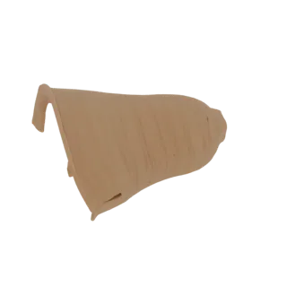 Render 3D de una forma abstracta marrón claro con textura tejida visible, presentada sobre un fondo blanco.