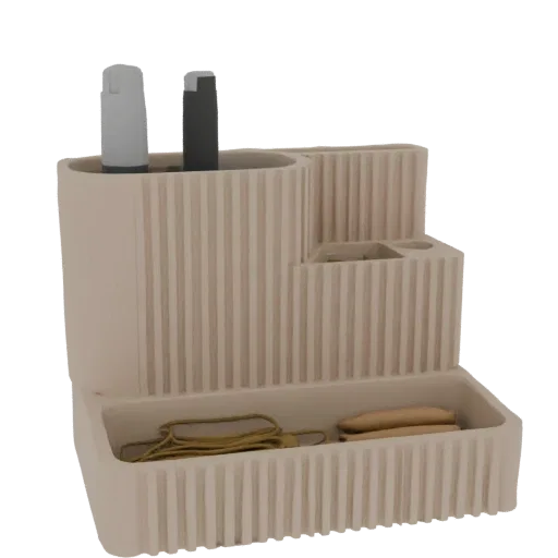 A 3D render of a beige, ribbed desk organizer with compartments for pens and a lower tray holding paper clips and other small