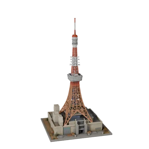 Stilisierter Tokyo Tower 3D-Modell, isometrische stilisierte Spielumgebungsansicht, die Materialien und architektonische Deta