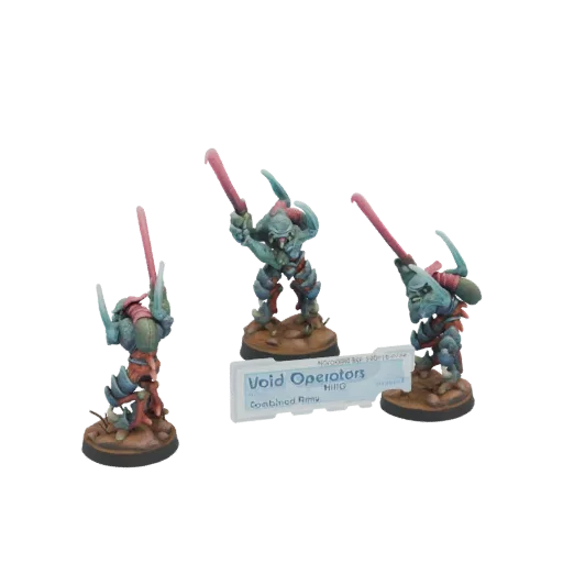 3D render of three Void Operators miniatures with pink energy weapons, standing on textured bases.