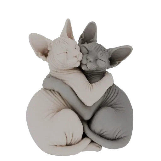 A 3D model of two Sphynx cats, one light cream and one grey, embracing each other with closed eyes, symbolizing affection.