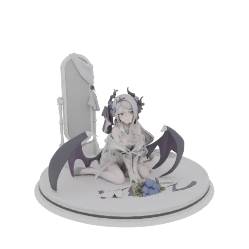 3D model of a Gothic Bride figure with dark wings, wearing a white gown, kneeling on a circular base with roses.
