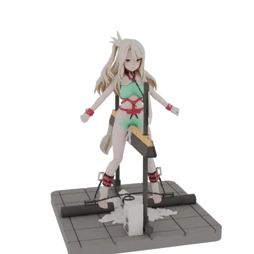 Modelo 3D de figura de chica anime en cuerdas rojas y cadenas, de pie sobre plataforma gris.