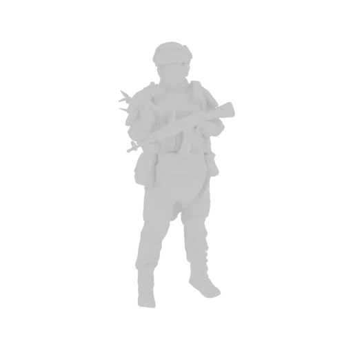 3D model of a modern soldier standing with a rifle, wearing tactical gear and a helmet.