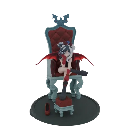 3D model of a gothic vampire queen with red wings, sitting on a detailed throne with a footstool and a red shoe nearby.