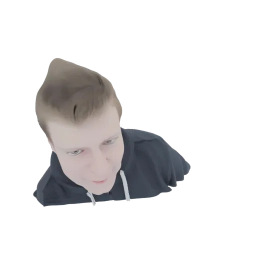 Modelo 3D de un joven con cabello castaño vistiendo una sudadera gris oscuro, visto desde un ángulo alto.