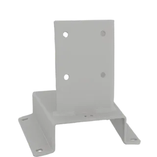 3D model render of a white metal mounting bracket with a vertical plate and a horizontal base, featuring four bolt holes.