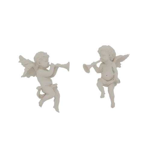3D model of two white cherubs with wings, each playing a trumpet, against a white background.