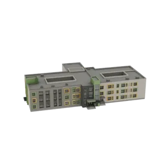 Modèle 3D d'une école moderne à plusieurs étages avec des murs gris, des accents verts et des cadres de fenêtres colorés.