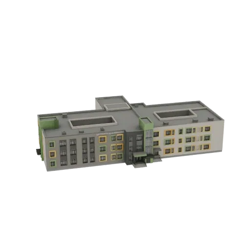 Modelo 3D de um moderno edifício escolar de vários andares com paredes cinzas, detalhes verdes e molduras de janelas colorida
