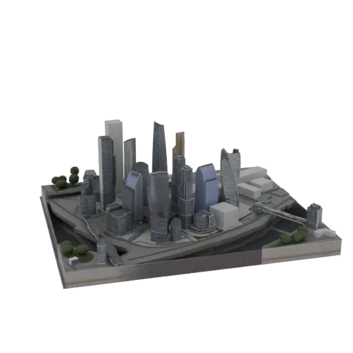 3D model of a modern cityscape diorama with various skyscrapers and an elevated highway, rendered in grayscale.