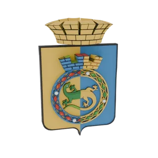 3D model of a stylized coat of arms featuring a green and yellow lizard, a colorful ring, and a yellow castle crown on a divi