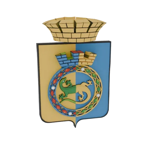 3D model of a stylized coat of arms featuring a green and yellow lizard, a colorful ring, and a yellow castle crown on a divi