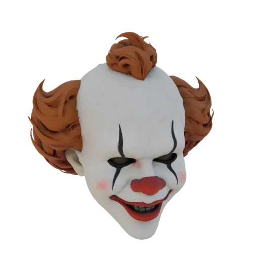 3D model of Pennywise mask from "It" with white face, red nose, and red hair.