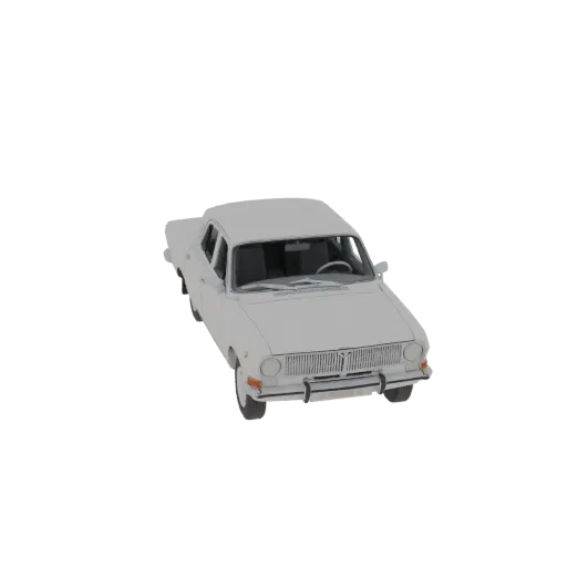 A 3D model of a classic white sedan, viewed from a slightly elevated angle, against a black background.