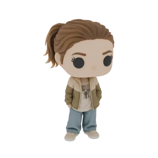 3D model of a young woman in a casual outfit, styled like a Funko Pop figure, with a ponytail and wearing a t-shirt and jacke