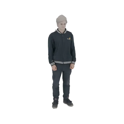 3D model of a young man standing, wearing a dark blue tracksuit and grey sneakers.