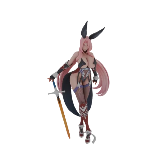 3D model of a female warrior with pink hair, bunny ears, and a sword, posed dynamically.