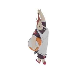 3D model of a cartoon woman with rosy cheeks, wearing a purple dress and white apron, joyfully holding a beach ball.