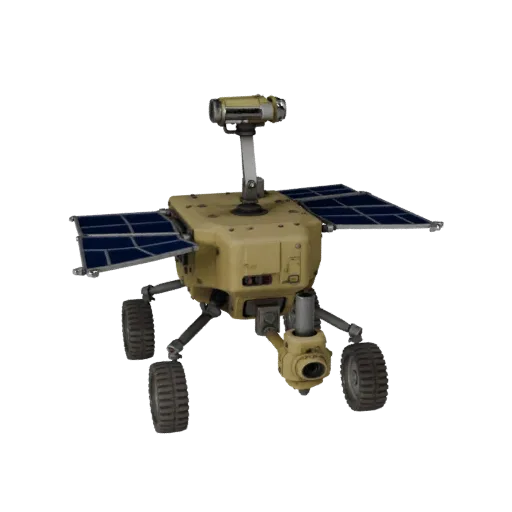 Lunar Drone Scout Realistic 3D model, three-quarter studio render, showing dusty wheels, vehicle stance.