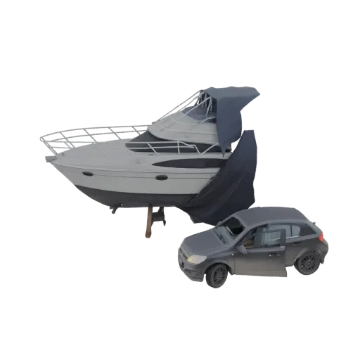 3D-Modell einer Luxusyacht unter einer Plane, geparkt neben einem dunkelgrauen Sportwagen mit geöffneten Türen.