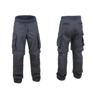 Modello 3D di pantaloni cargo grigio scuro, mostrato da viste frontale e posteriore, con tasche multiple e vestibilità rilass
