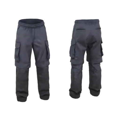 3D model of dark grey cargo pants, shown from front and back views, with multiple pockets and a relaxed fit.