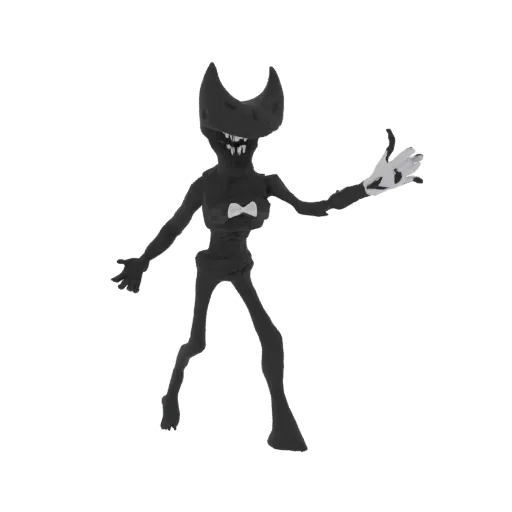 A 3D render of the character Bendy the Ink Demon, depicted as a tall, thin, black figure with large horns, sharp teeth, and a