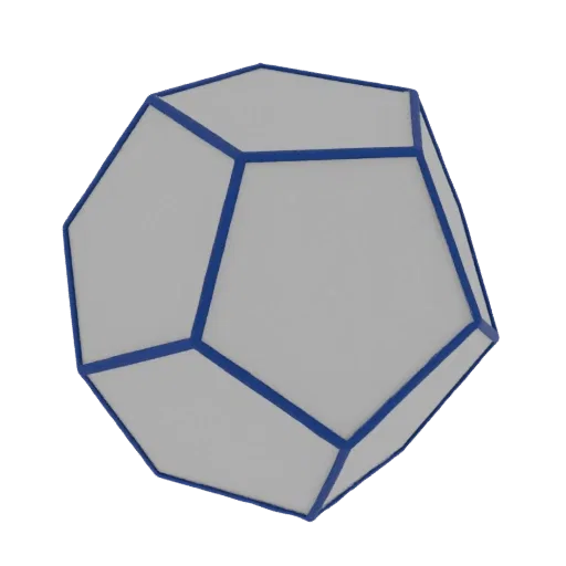 3D dodecahedron model with flat gray faces and blue edge outlines on a black background
