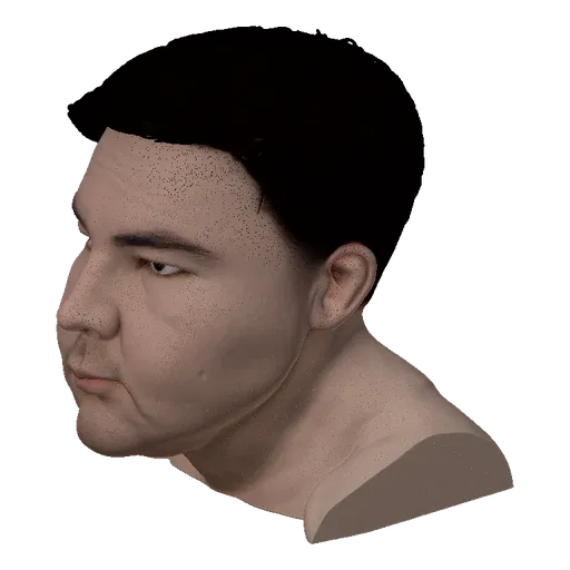 3D model render of an Asian man's bust with dark hair and realistic skin texture, against a black background.