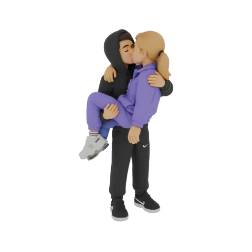 3D model of a young man in a black hoodie holding a woman in a purple hoodie as they kiss, both wearing casual sweatpants.